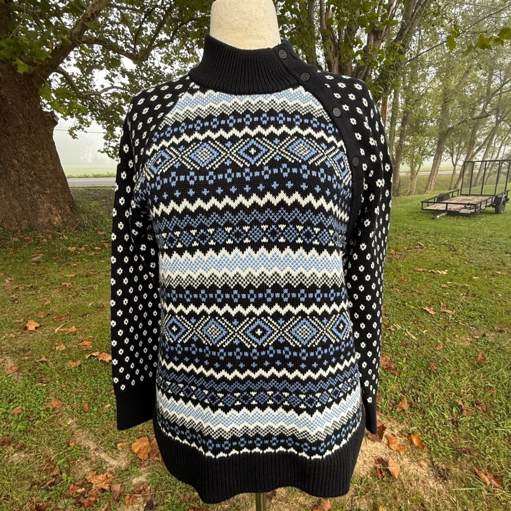 T by Talbots Womens Fair Isle Thermolite Mock Neck Button Shoulder Sweater M